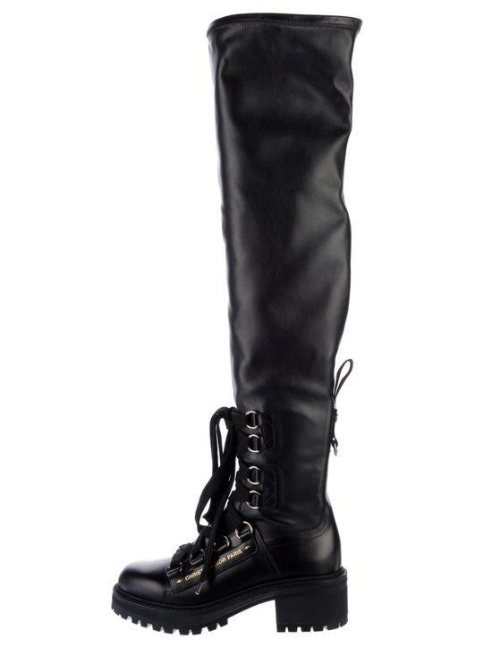 Dior Shoes - New Dior Over The Knee Lug Sole Black Leather Combat Boots Size 38